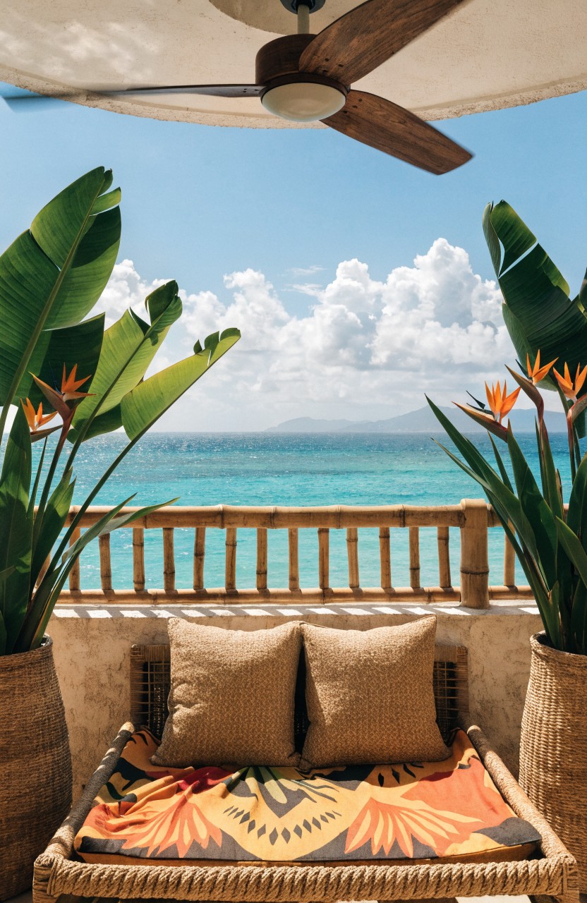Woven rattan hanging daybed with beige cushions and orange patterned blanket on a balcony with bamboo railing, flanked by large potted green plants, overlooking turquoise ocean under a fabric canopy with ceiling fan.