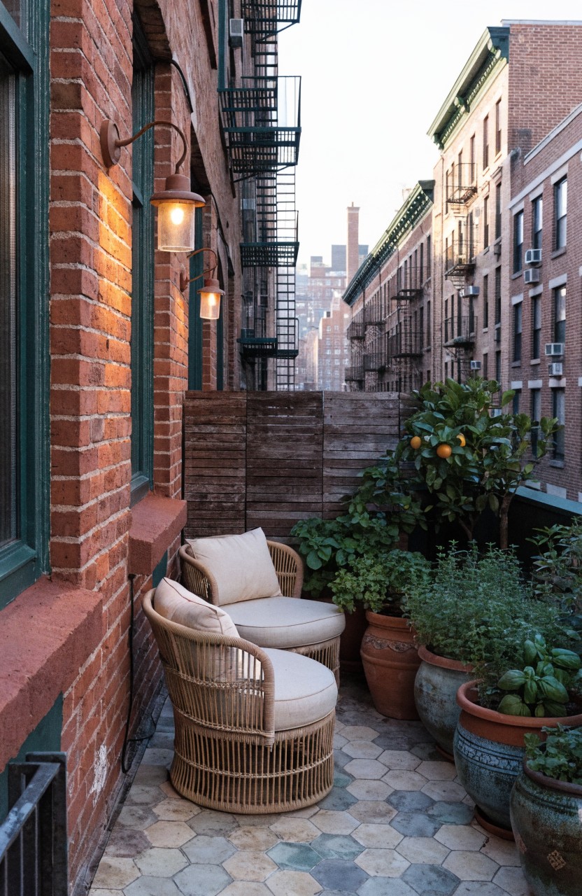 Small urban balcony with two cushioned rattan lounge chairs on a hexagonal tiled floor, surrounded by large terracotta pots containing herbs, an orange tree, and other plants, plus wall-mounted lanterns and a wooden privacy fence against brick walls.