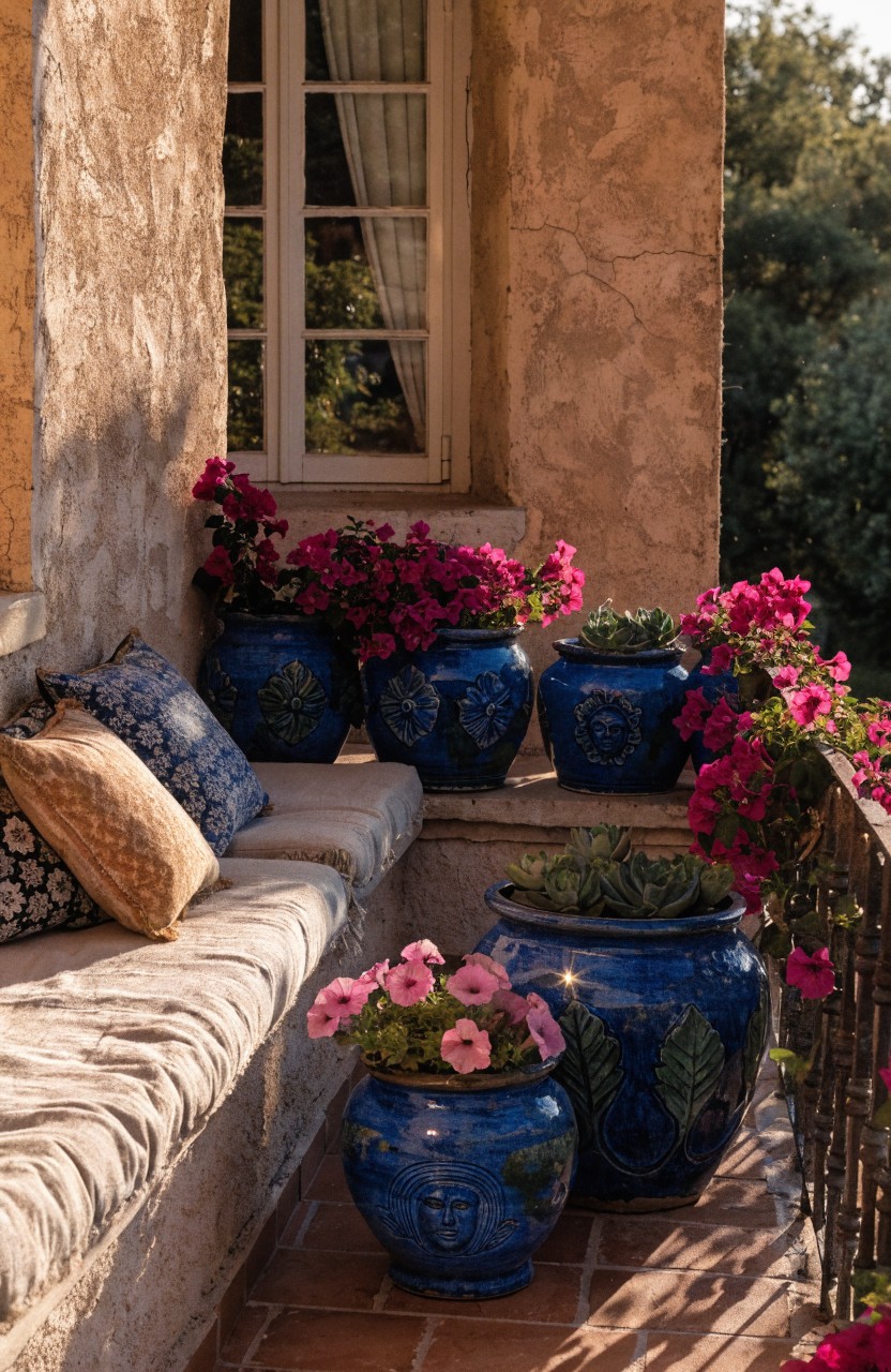 Sunlit balcony with beige stucco walls, white-framed window, cushioned bench with pillows, and large blue ceramic pots filled with pink bougainvillea and succulents.