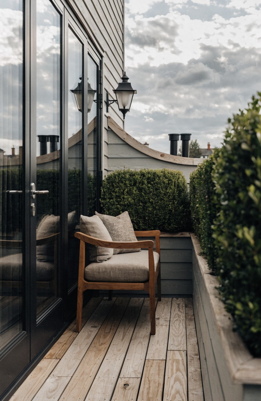 Wooden armchair on a wooden deck balcony next to black-framed glass doors on a gray wall, surrounded by raised planters filled with clipped boxwood hedges and a lamp post nearby.