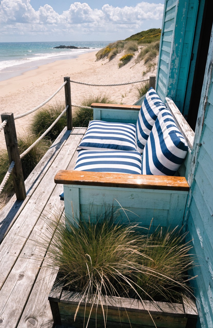 Turquoise beach cabin with wooden deck balcony holding built-in benches with blue-and-white striped cushions, rope railings, potted grasses, sandy dunes, and ocean view.