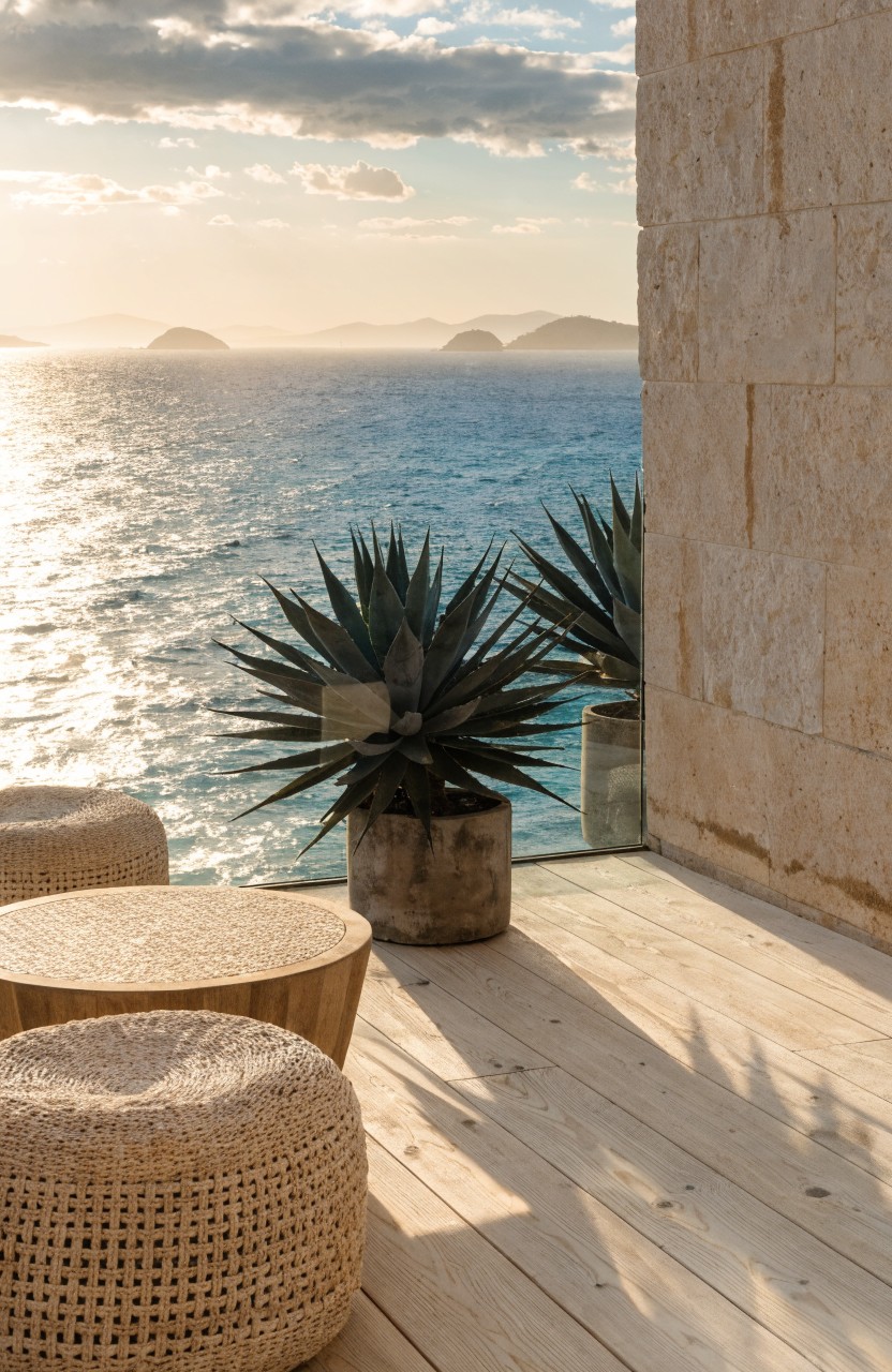 Wooden deck balcony edged by beige stone walls holds two large potted agave plants, rattan poufs, and a low round stump table, overlooking turquoise ocean and distant islands at sunset.