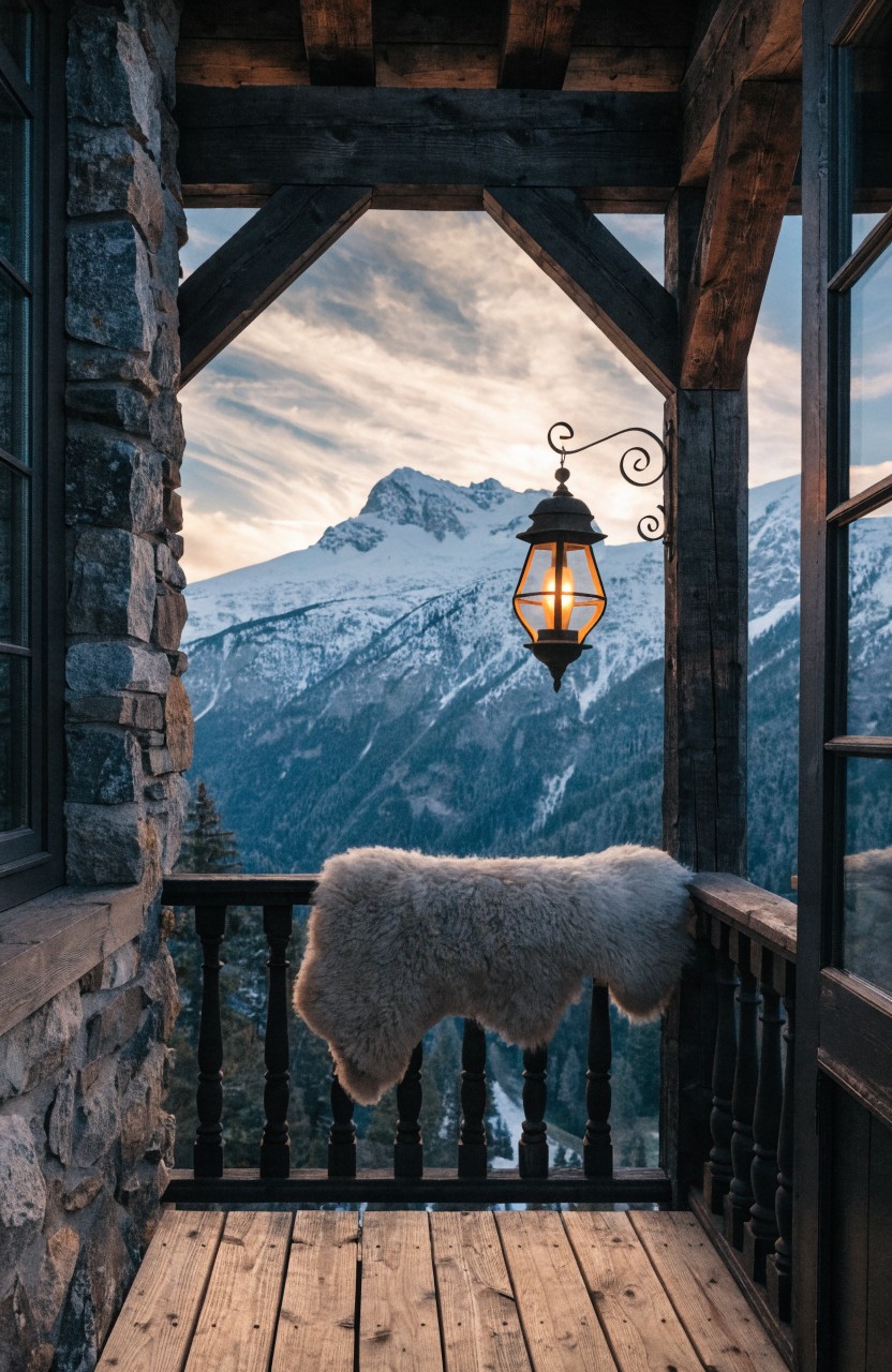 Rustic balcony with stone walls, dark wood beams and railings, white fur rug draped over railing, hanging lantern lit with orange glow, and view of snowy mountains through large windows.