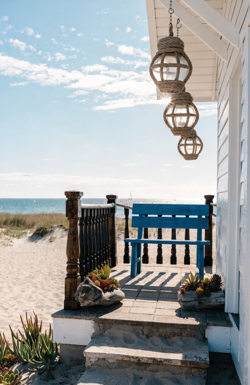 White clapboard house porch with blue wooden bench, three hanging rope-covered lanterns, potted succulents and aloe plants, wooden railings, and steps leading to sandy beach and ocean.
