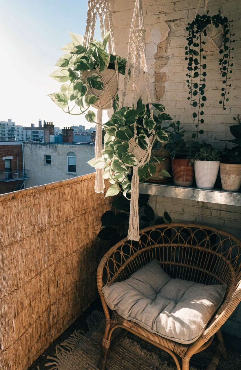 A balcony with multiple macrame hangers holding trailing green pothos plants, a cushioned rattan chair, potted plants on a shelf, and bamboo privacy fencing against a white brick wall.