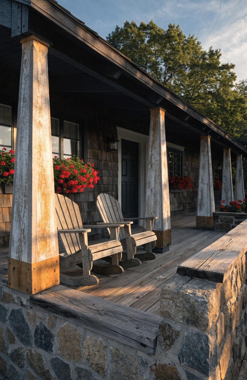 Wraparound wooden porch on shingle house with tall weathered square posts holding red flower boxes, two white Adirondack chairs, dark front door, and stone base wall amid trees at sunset.