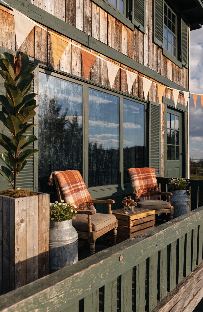 Rustic green shiplap house exterior with balcony railing, two wooden chairs with orange plaid cushions and throws, small wooden table between them, potted plants, blue milk cans, and bunting flags.