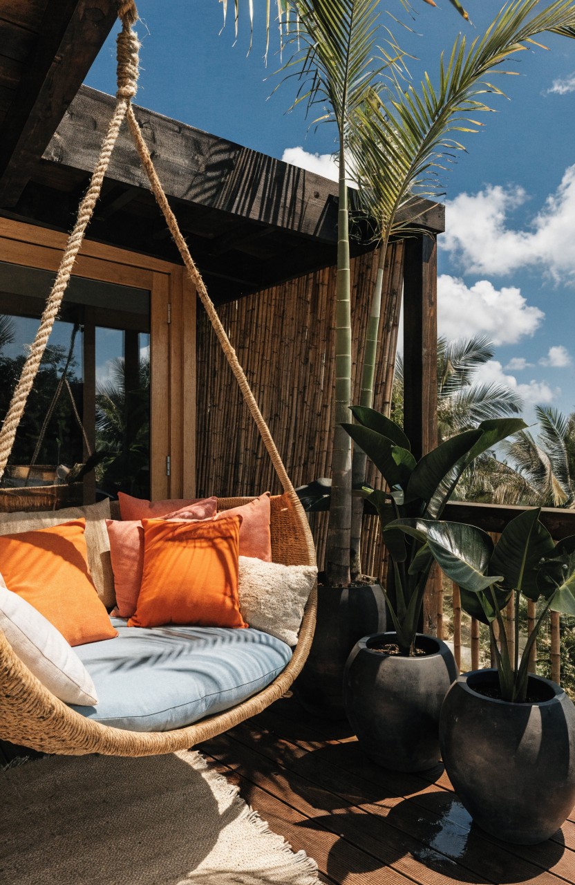 Woven rope hanging swing chair with orange, pink, blue and white cushions on a wooden balcony next to glass doors, bamboo screens, potted palms, and deck flooring under blue sky.