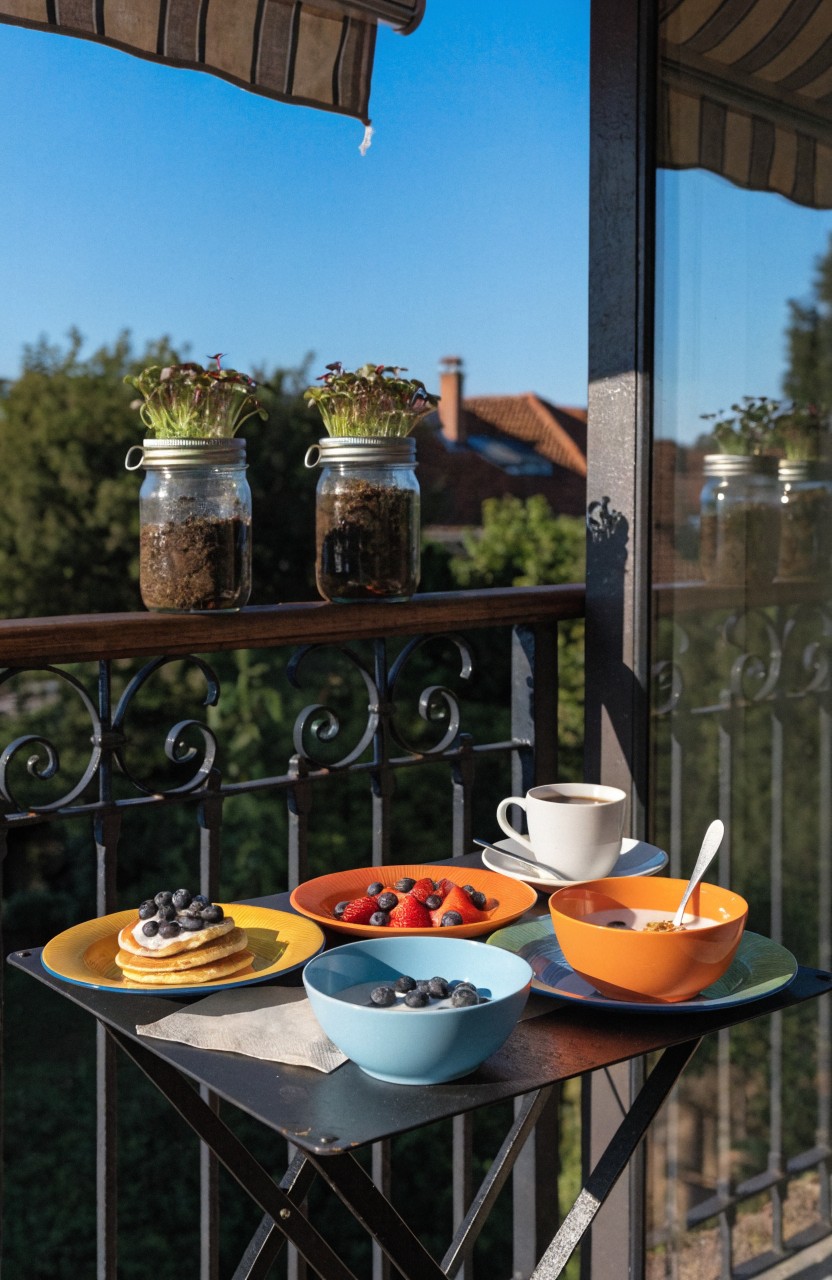 Small black metal table on a balcony set with colorful bowls of pancakes, blueberries, strawberries, oatmeal, and a cup of coffee, two glass jars with green plants on the wrought-iron railing, striped awning overhead.