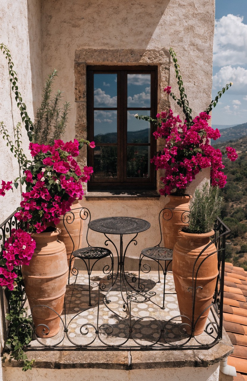 Small wrought iron bistro table and two chairs centered on a white stucco balcony between two large terracotta pots filled with pink bougainvillea, wrought iron railing, and mountain view in background.