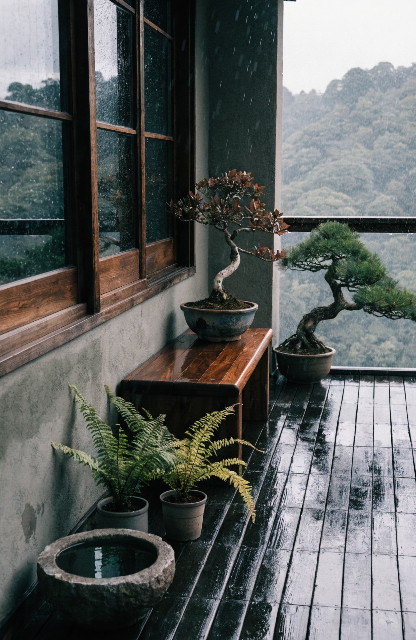 A wooden balcony with potted bonsai trees, ferns in pots, a low wooden bench, and large sliding windows overlooking rainy green mountains.