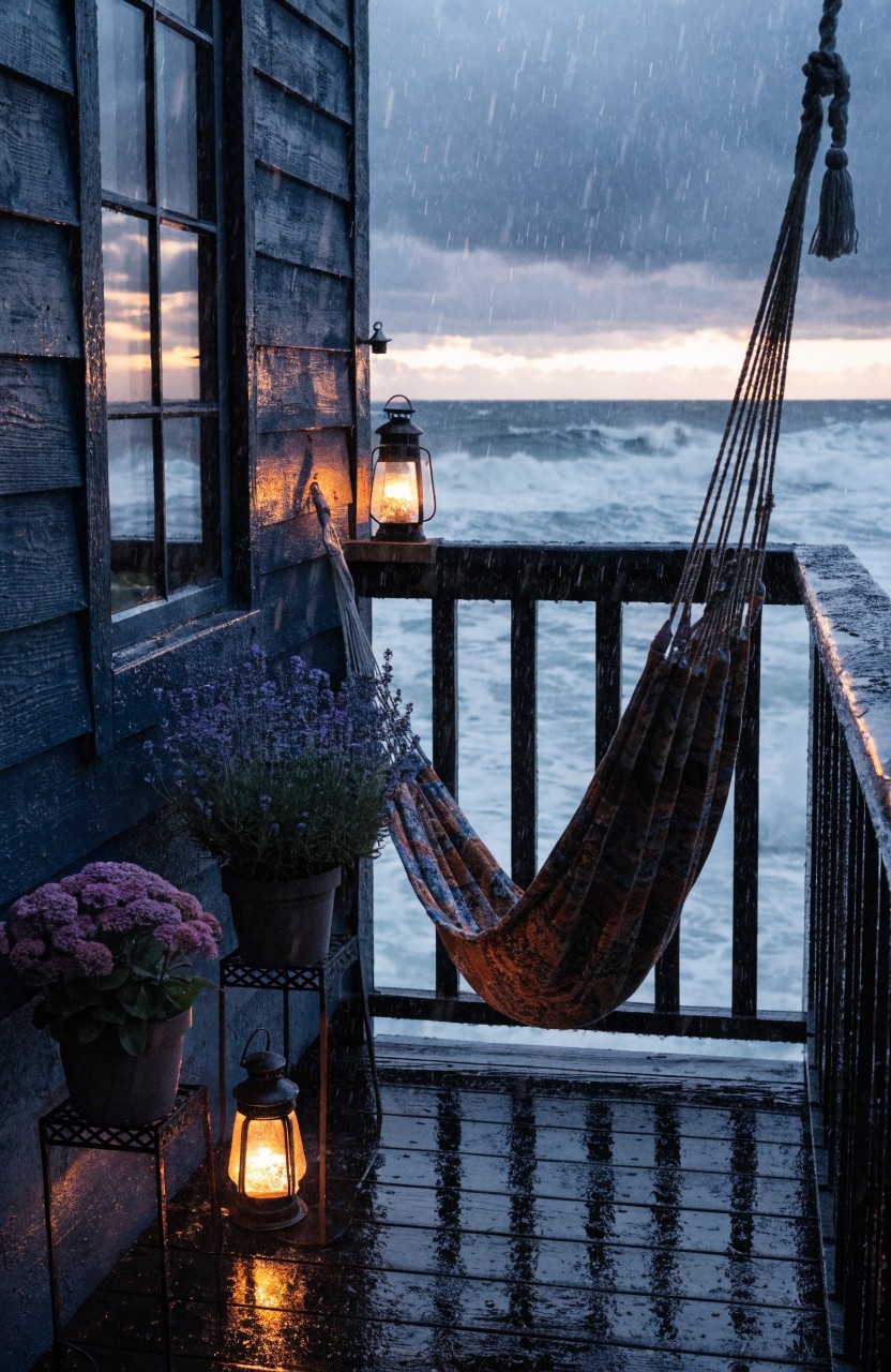 Dark blue wooden house with a covered balcony overlooking the ocean during rain, featuring a colorful hanging hammock, potted lavender and flowers, metal plant stands, and lit lanterns.