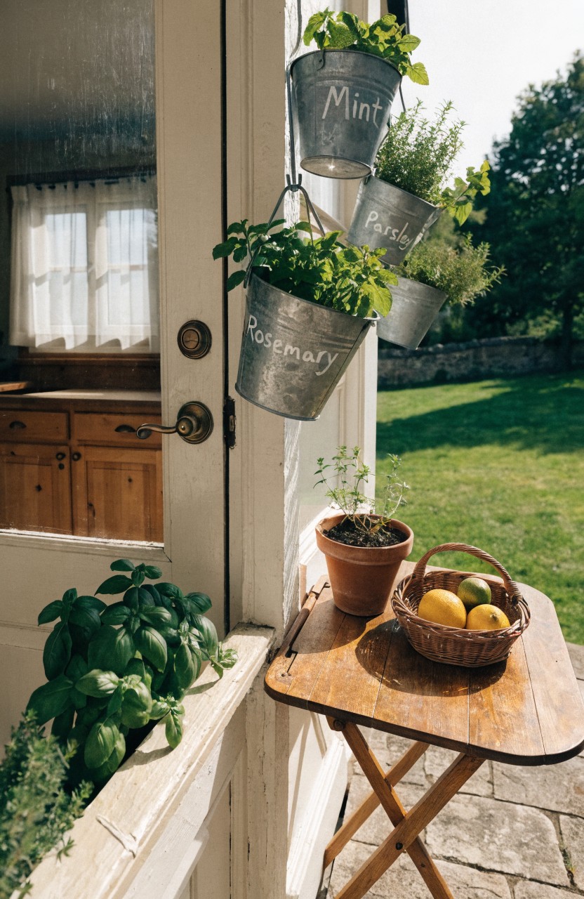 White exterior door area with three hanging galvanized metal buckets labeled and planted with mint, parsley, and rosemary, basil on the windowsill, a small wooden table holding a basket of lemons, and grass beyond a stone path.