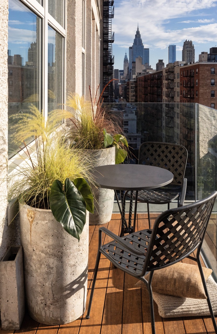A small outdoor balcony deck with two large weathered concrete pots of tall feathery grasses and leafy plants flanking a round black metal table and two matching latticed chairs with beige cushions, overlooking a city skyline.