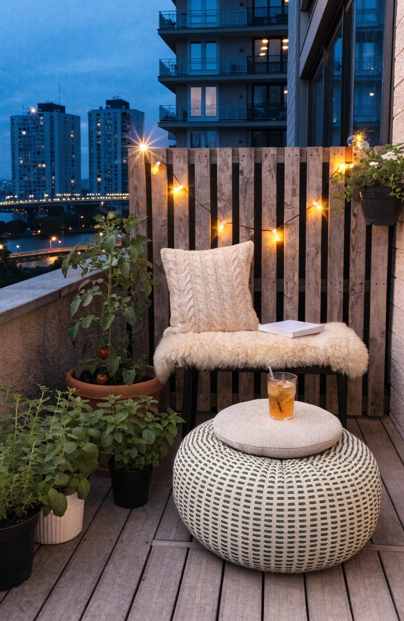 Balcony setup with vertical wooden slat privacy fence strung with white lights, potted plants, beige cushioned bench chair with pillows and open book, round pouf stool, and glass of drink, against city skyline at dusk.