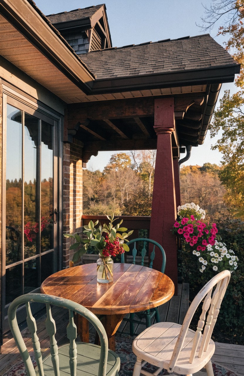 Round wooden table with vase of red flowers on a deck balcony, surrounded by two green ladderback chairs, a white chair, and potted plants, under a covered wooden house overhang with autumn trees visible through large windows and beyond.
