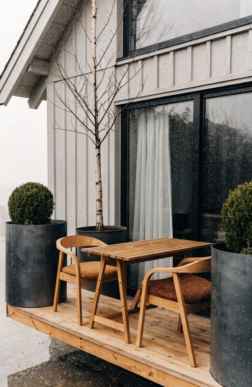 Wood deck balcony outside a modern house with gray siding and black windows holds a small rectangular wood table, two curved wood chairs with cushions, and two large gray metal planters containing trimmed round shrubs, beside a slender birch tree in foggy weather.