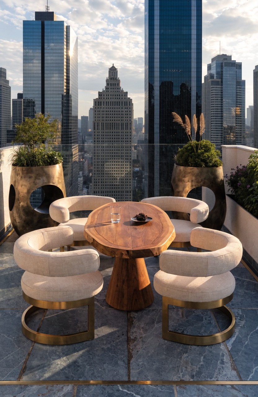 Rooftop balcony with round wooden table, four cream upholstered chairs with gold legs, flanked by tall metallic planters holding potted plants and grasses, glass railing, city skyline view at sunset.