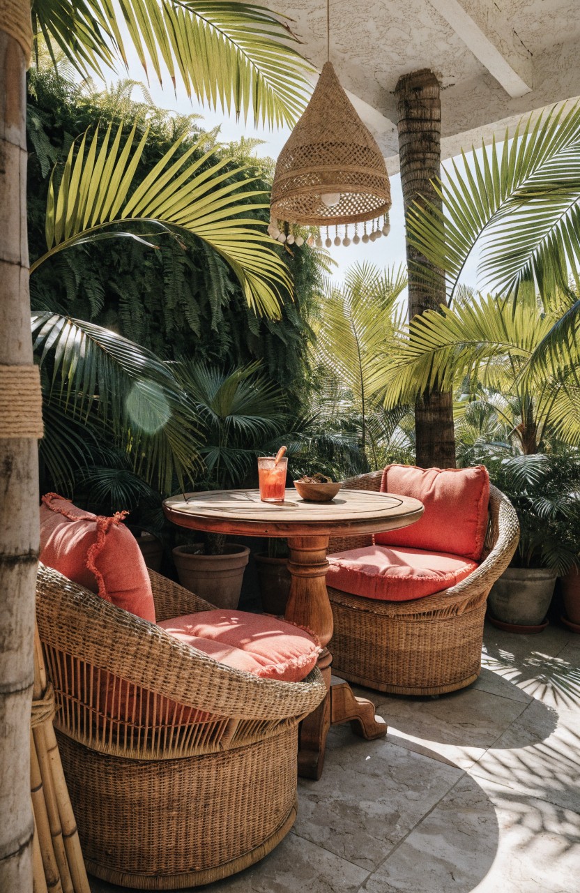 Two rattan chairs with red cushions flank a small round wooden table holding a tall orange drink and a bowl on a stone-tiled balcony surrounded by dense tropical plants, palms, ferns, and a hanging braided lamp.