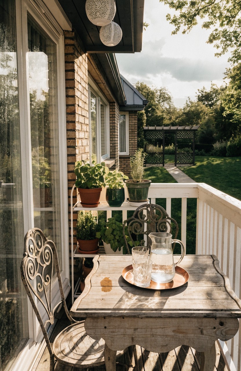 Small square wooden table with glass pitcher and glasses on a balcony, two ornate metal chairs beside it, tiered metal shelf holding potted plants, white railing, brick house wall, and garden view beyond.