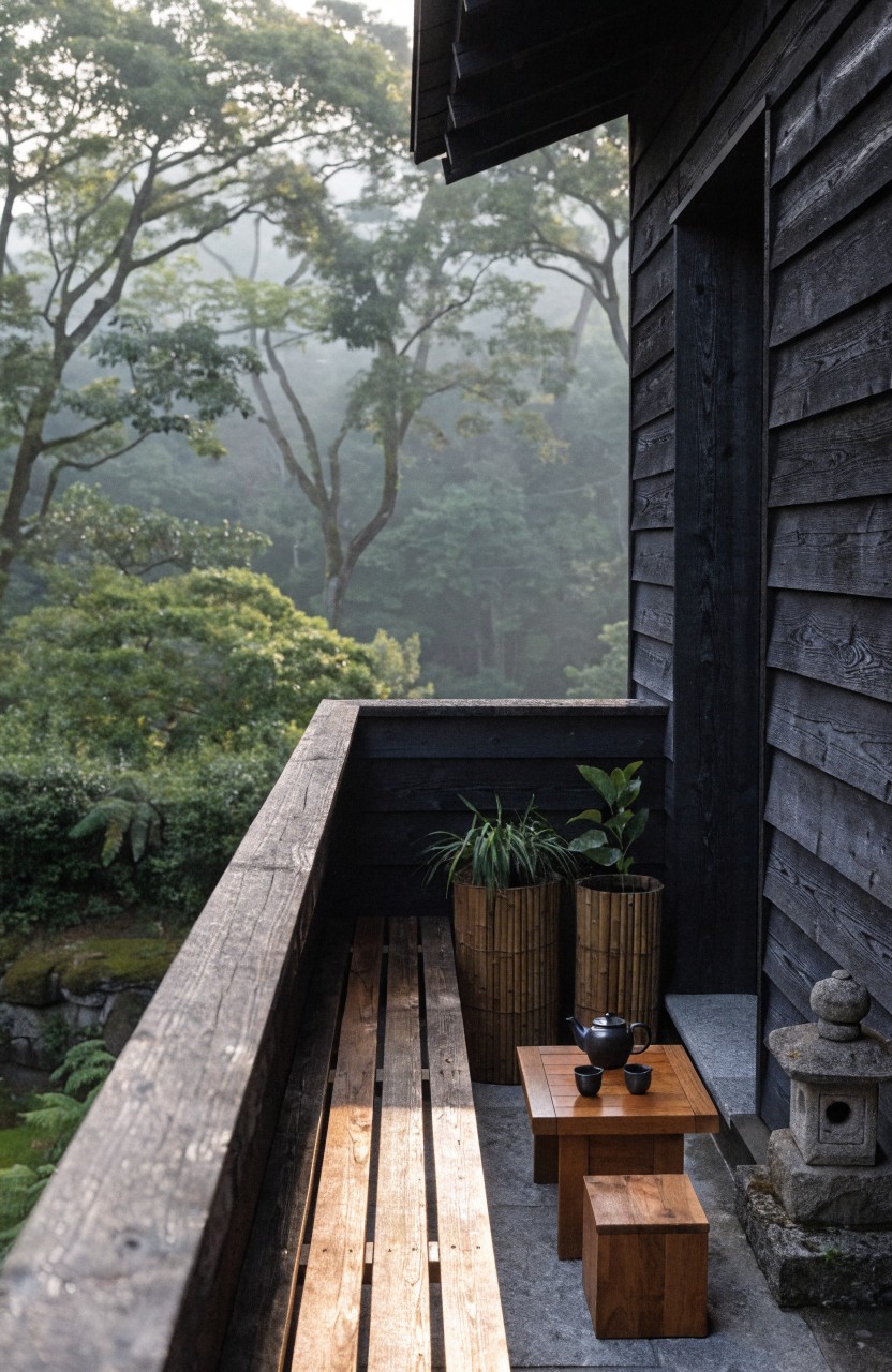 Narrow wooden balcony deck attached to dark wood house wall with railing, low wooden table holding teapot and cups, two stools, two potted plants, and stone lantern, misty green forest beyond.