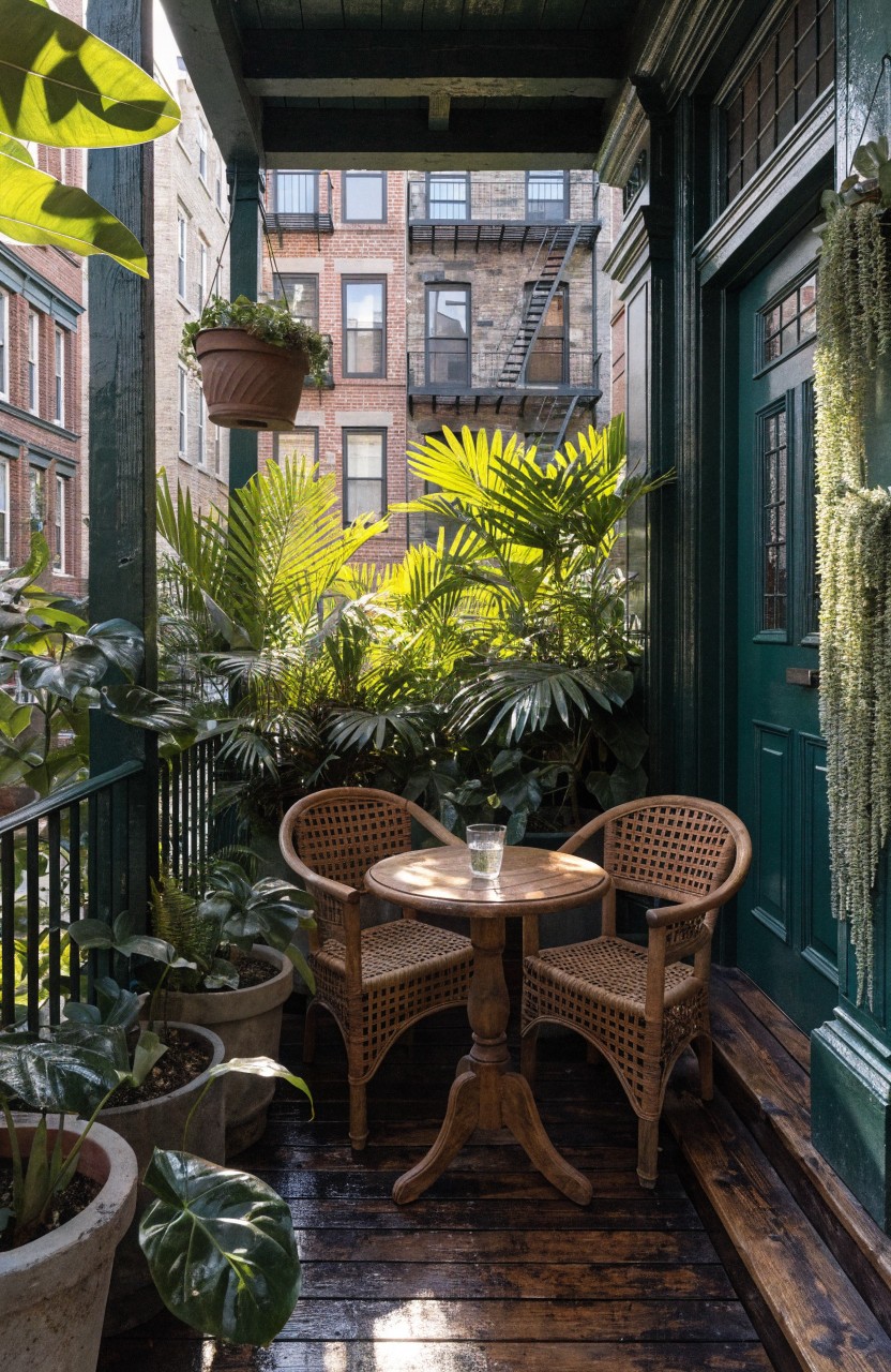 Narrow balcony with dark green railings and door, wooden deck floor, small round wooden table with two wicker chairs, surrounded by large potted tropical plants and hanging greenery.