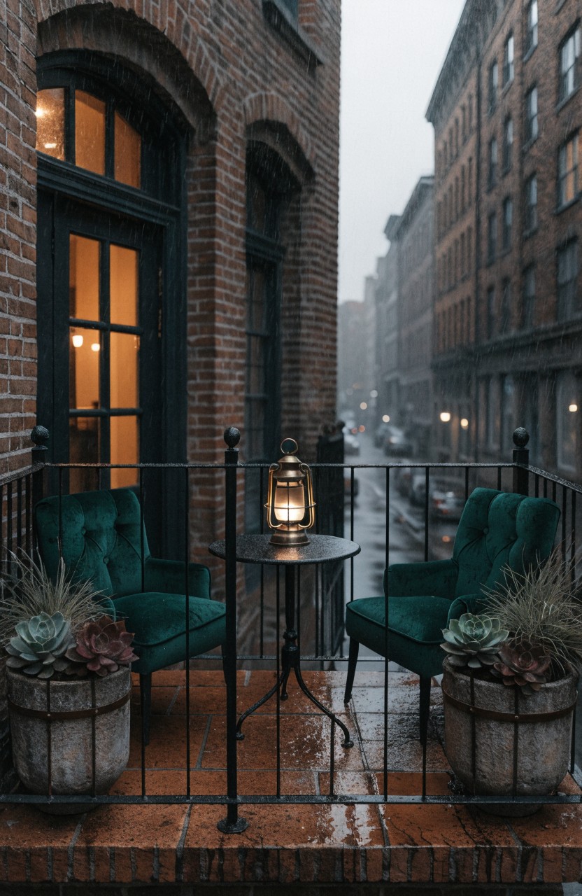 Narrow balcony on brick building with two green upholstered armchairs flanking a small round table holding a lantern, flanked by potted succulents and grasses, in rainy urban alley with warm interior light visible through doors.