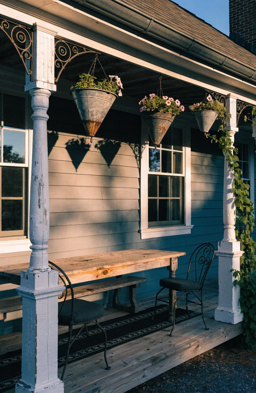 White porch columns support hanging galvanized bucket and clay pot planters with pink flowers above a wooden table and two black metal chairs on a deck next to light blue house siding.