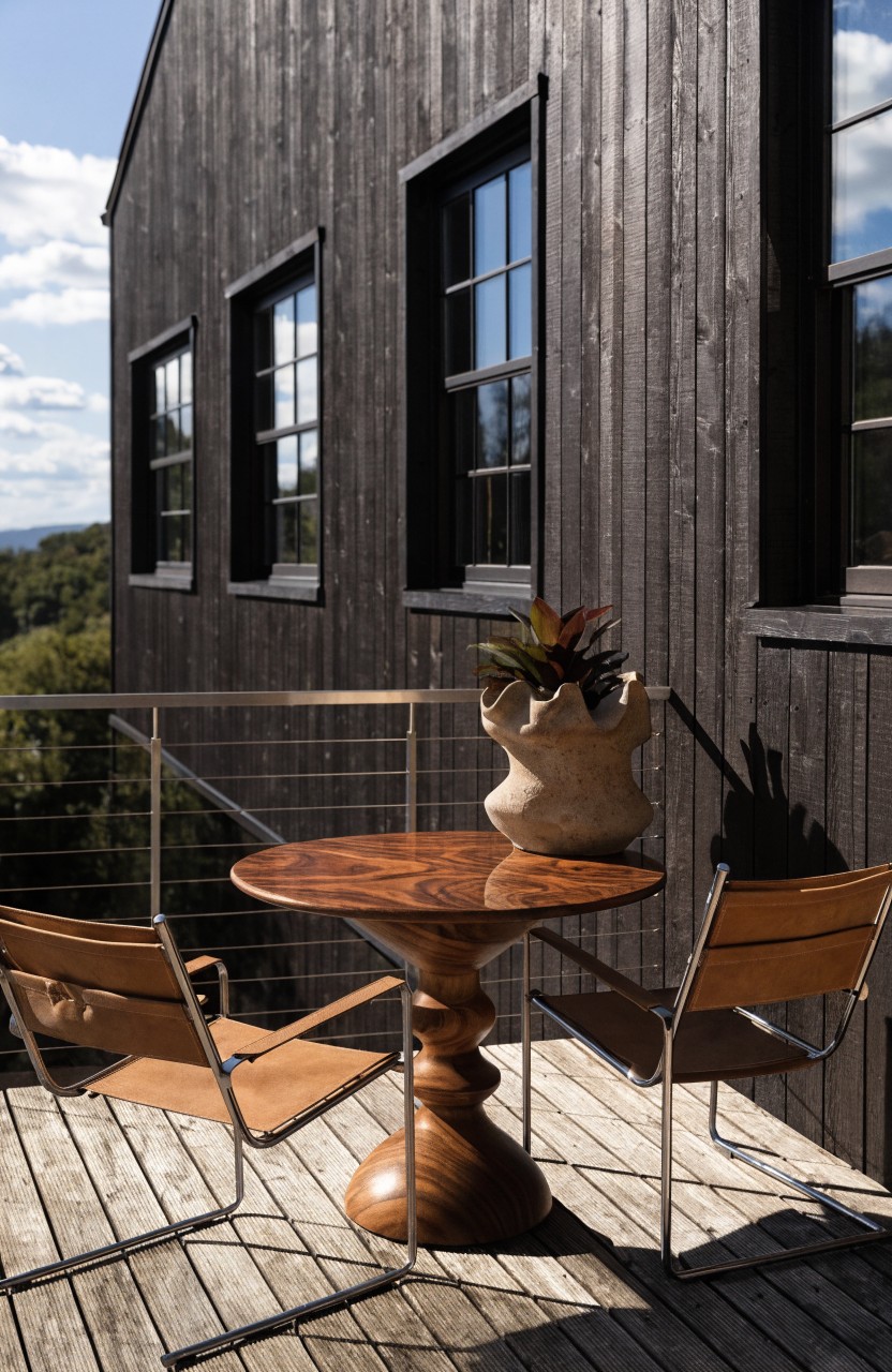Dark wood house with a narrow balcony deck holding a round wooden pedestal table, two tan leather sling chairs, a tall plant in a white pot, and cable railings, overlooking green hills under partly cloudy sky.