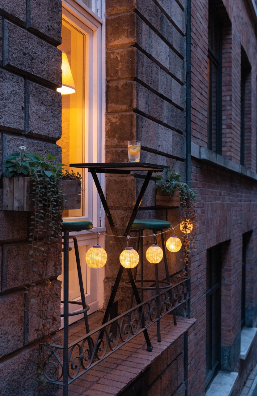 Narrow balcony on a brick building exterior with small black metal table, two stools, trailing plants in side planters, string of small lanterns on ornate railing, open window with interior lamp, and a glass on the table at dusk.