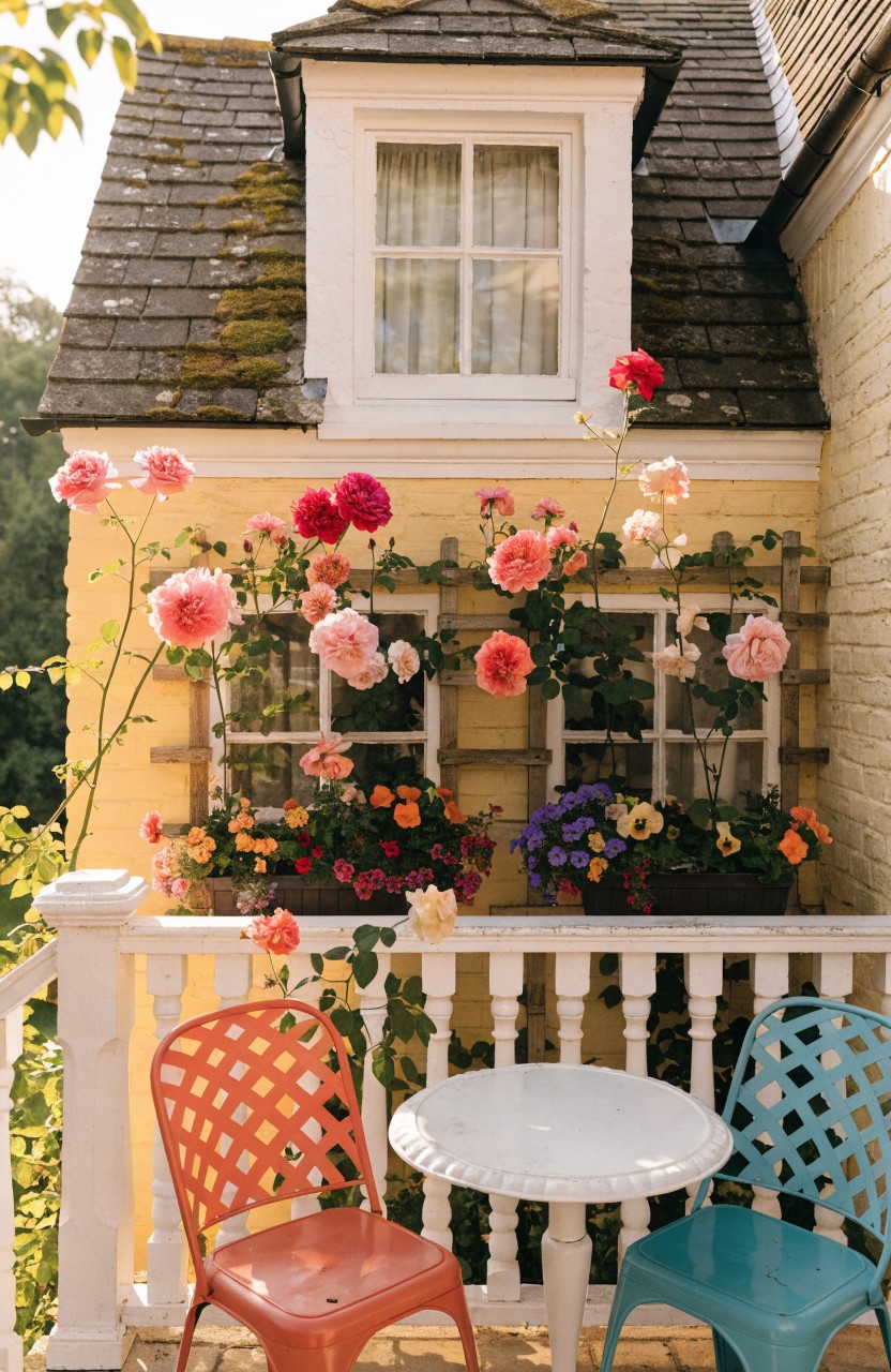A yellow exterior house wall with a small balcony railing holding a white round table between an orange wire chair and a turquoise wire chair, flower boxes with colorful blooms, and pink and red climbing roses on the wall.