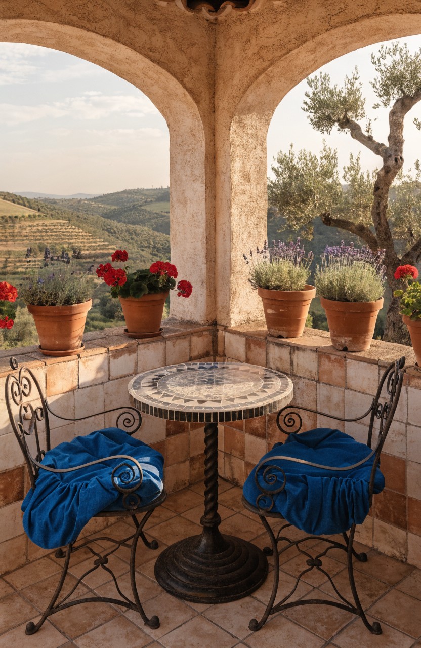 Arched stone balcony corner with terracotta pots of red geraniums and lavender on the ledge, a small round mosaic table, and two wrought iron chairs draped in blue fabric, overlooking hilly vineyards and olive trees.