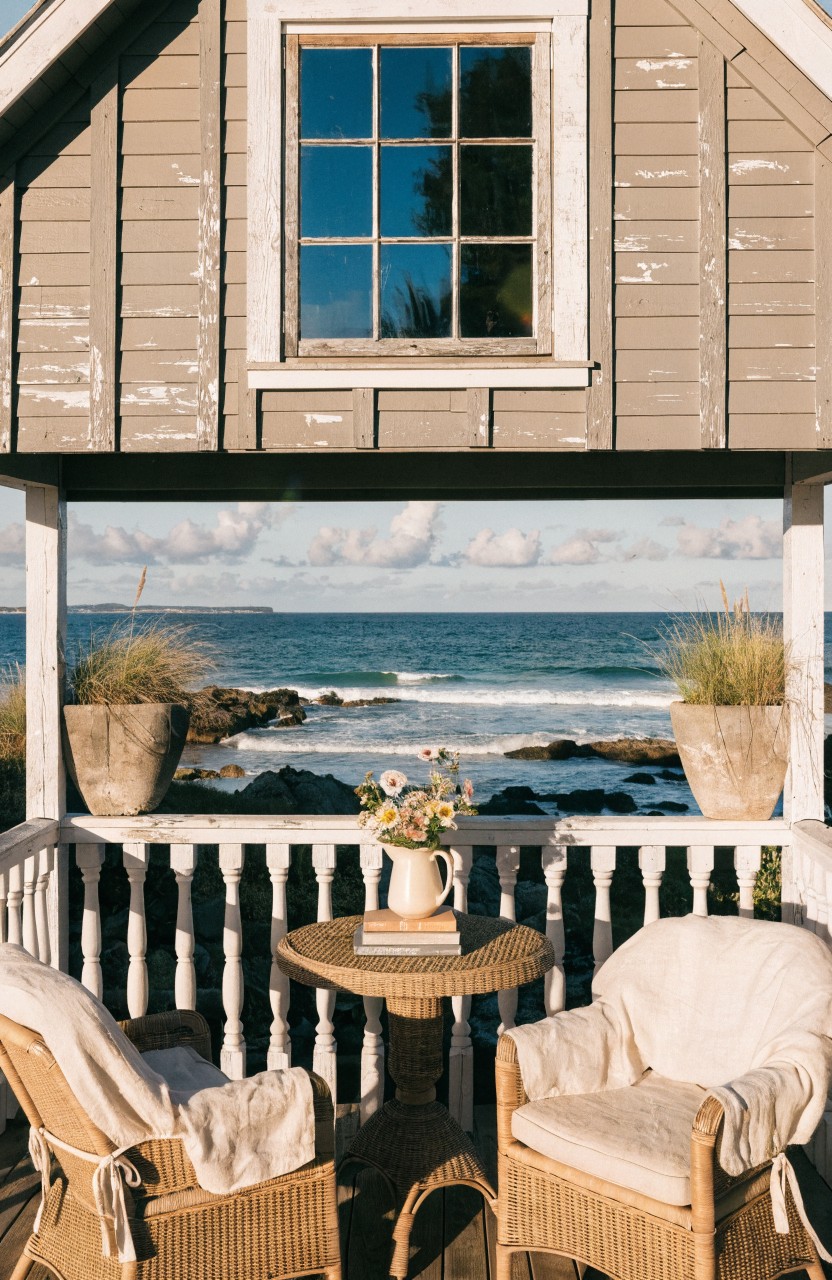 Gray shingled balcony overhang with window above and white railing, two wicker armchairs draped with blankets around a small round wooden table holding flowers and a book, flanked by large potted grasses, overlooking ocean and rocky shore.