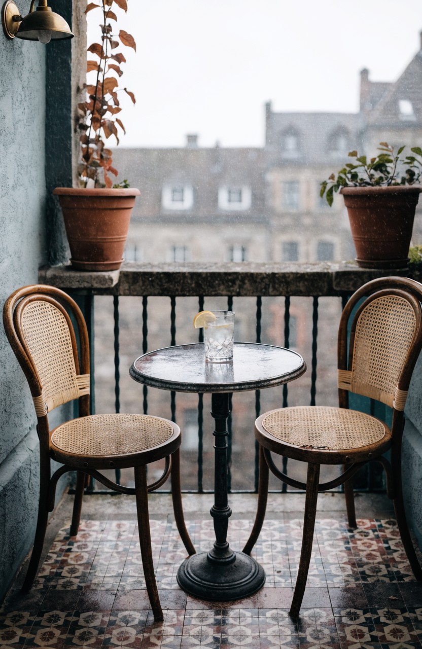 Narrow balcony with two wicker chairs around a small round metal table holding a glass with lemon slice, potted plants on stone ledge, tiled floor, and view of old rooftops.