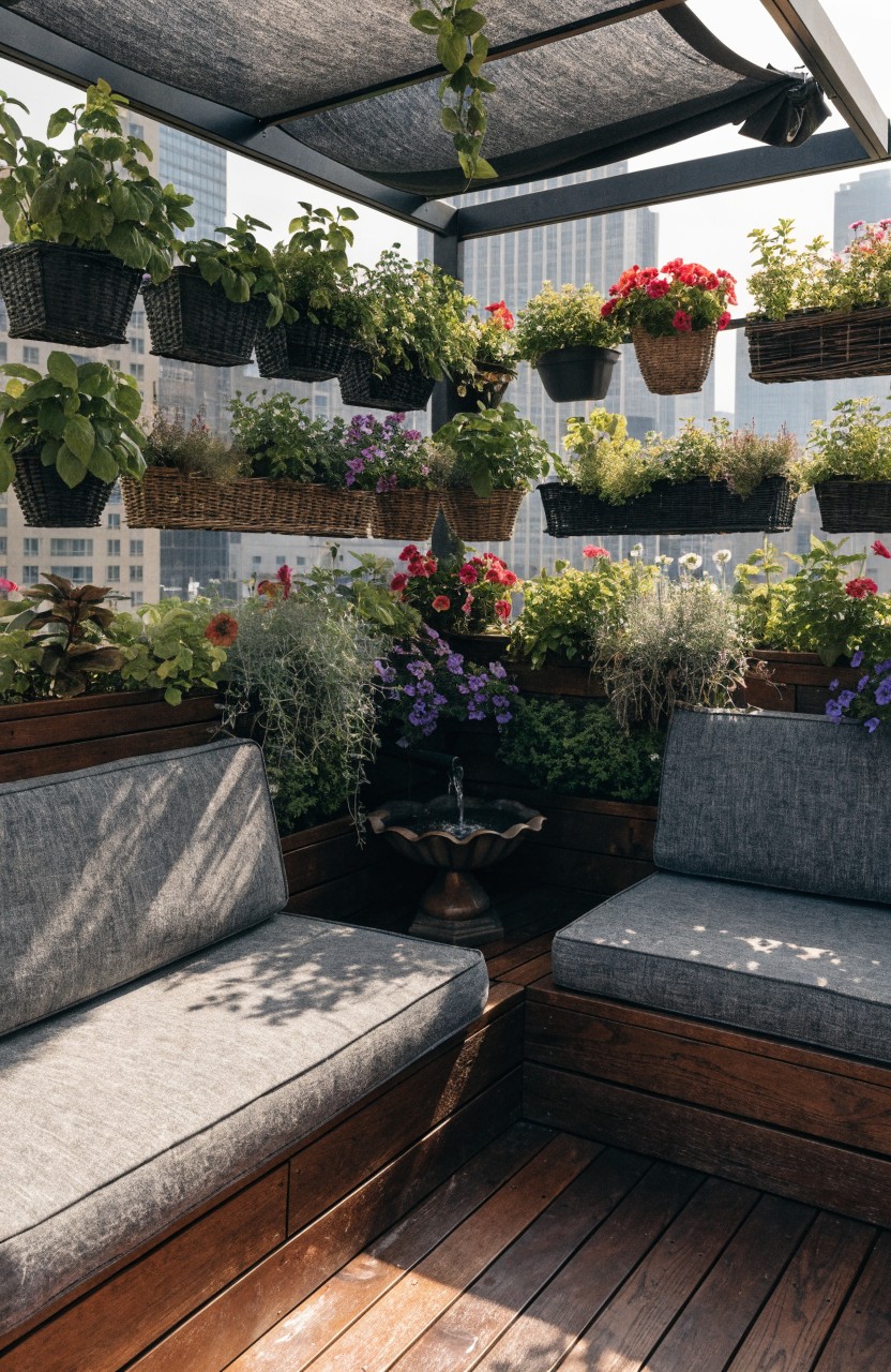 Apartment balcony with L-shaped built-in wooden benches and gray cushions facing a small fountain, surrounded by hanging baskets and potted plants under a fabric-shaded pergola structure, city buildings visible beyond.