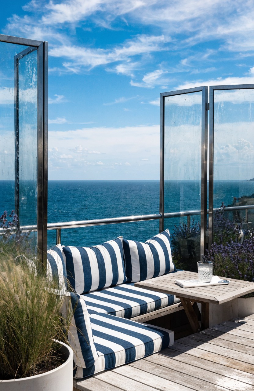Balcony corner with low wooden bench covered in blue and white striped cushions, small wooden table holding a glass and magazine, tall metal-framed glass privacy screens on both sides, potted plants, and ocean view under blue sky.