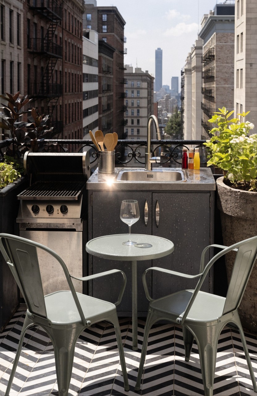 Apartment balcony featuring a built-in grill, sink, and counter space with a small round table, two green metal chairs, plants, and a city view.