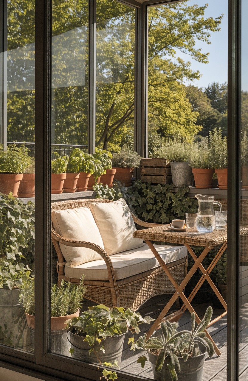 Glass-enclosed apartment balcony with potted herbs and plants in terracotta pots surrounding a cushioned wicker bench and small table holding a glass pitcher and cups.