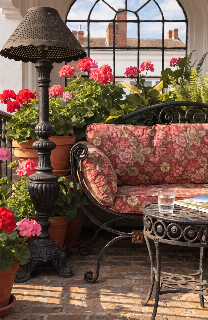 Black wrought-iron floor lamp beside curved loveseat with floral cushions and small table on brick balcony surrounded by terracotta pots of red geraniums.