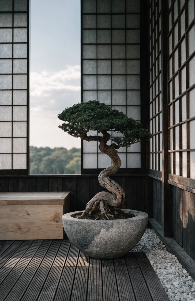 Twisting bonsai tree in a large gray stone pot on a wooden deck balcony with shoji screens on walls, wooden bench nearby, and pebbles on the floor.