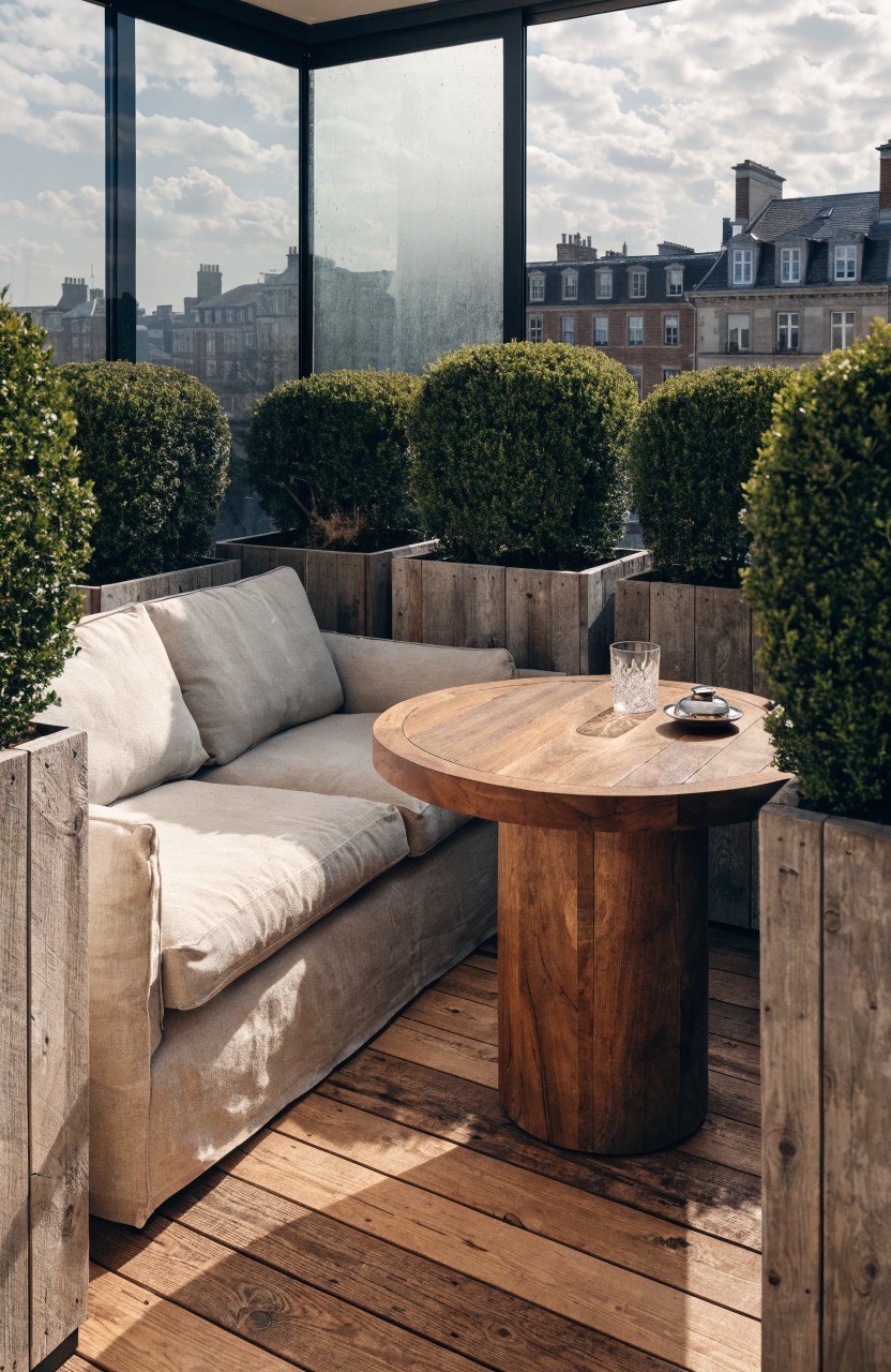 Corner apartment balcony with white sofa, round wooden table holding a glass, multiple potted spherical boxwood shrubs, glass enclosure, and wooden flooring overlooking city buildings.