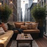 Apartment balcony with tan L-shaped built-in bench cushions, round wooden table holding oranges and glasses, potted plants, string lights overhead, and wooden deck floor amid brick city buildings.