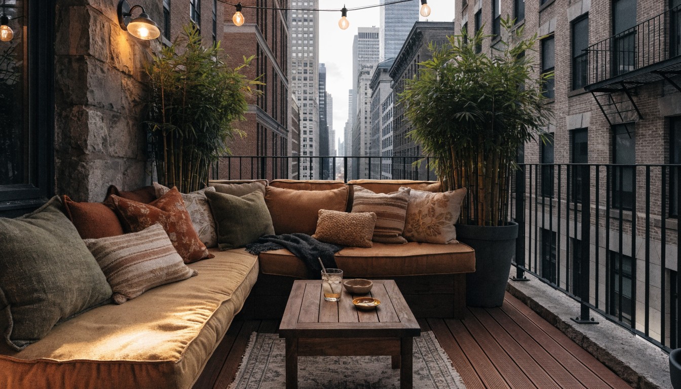 Apartment balcony with tan L-shaped built-in bench cushions, round wooden table holding oranges and glasses, potted plants, string lights overhead, and wooden deck floor amid brick city buildings.