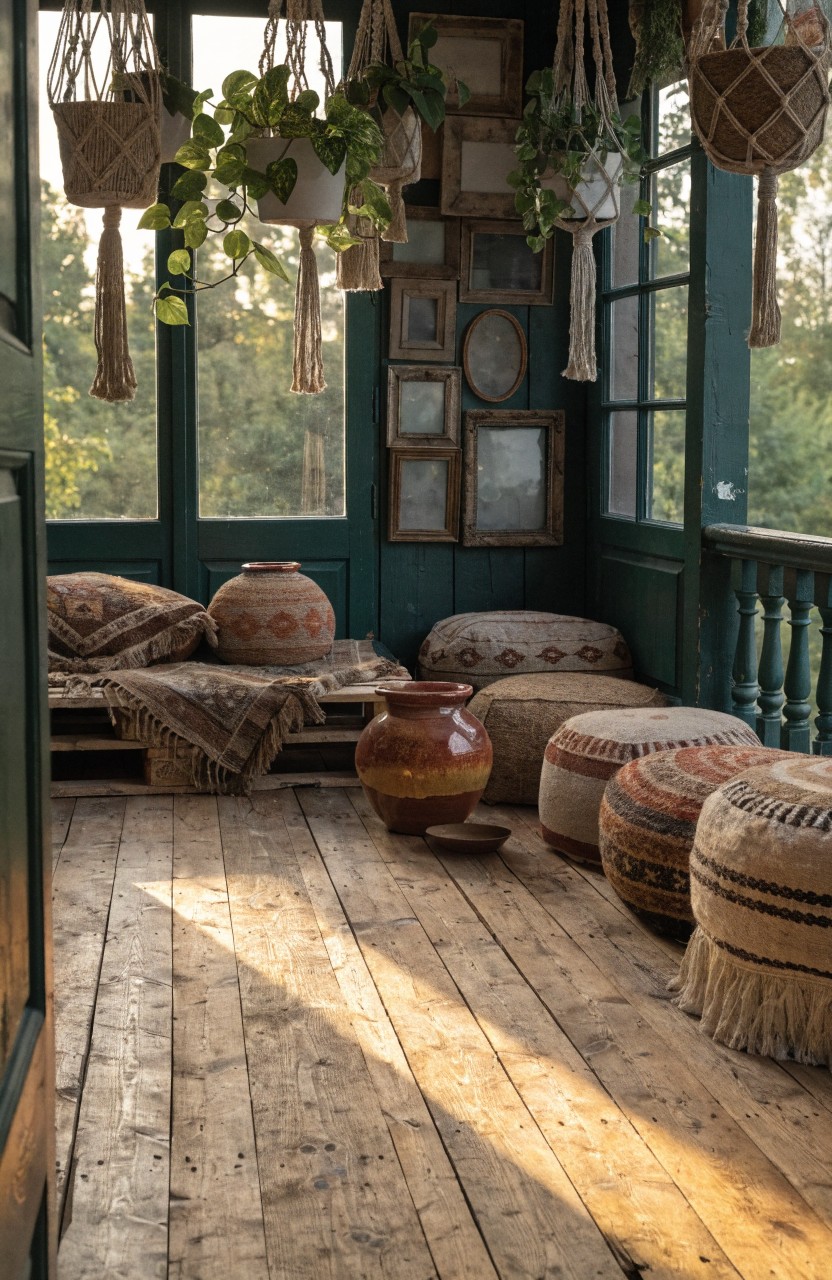 Wooden balcony floor with green window frames enclosing the space, multiple macrame hanging planters filled with trailing greenery, large terracotta pots, and colorful floor cushions and poufs.