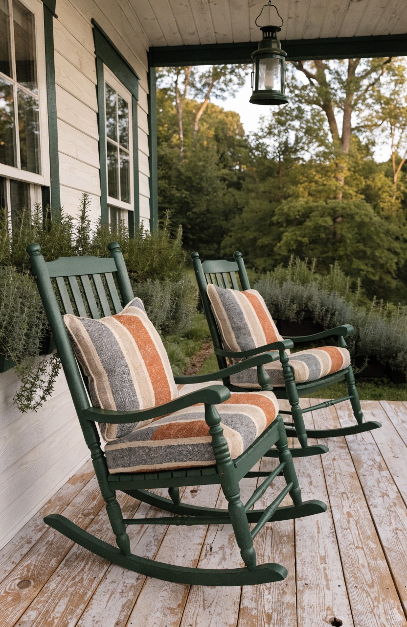 Two green wooden rocking chairs with orange and gray striped cushions on a weathered wooden porch, potted lavender plants on either side, hanging lantern overhead, green house wall behind, and trees in background.
