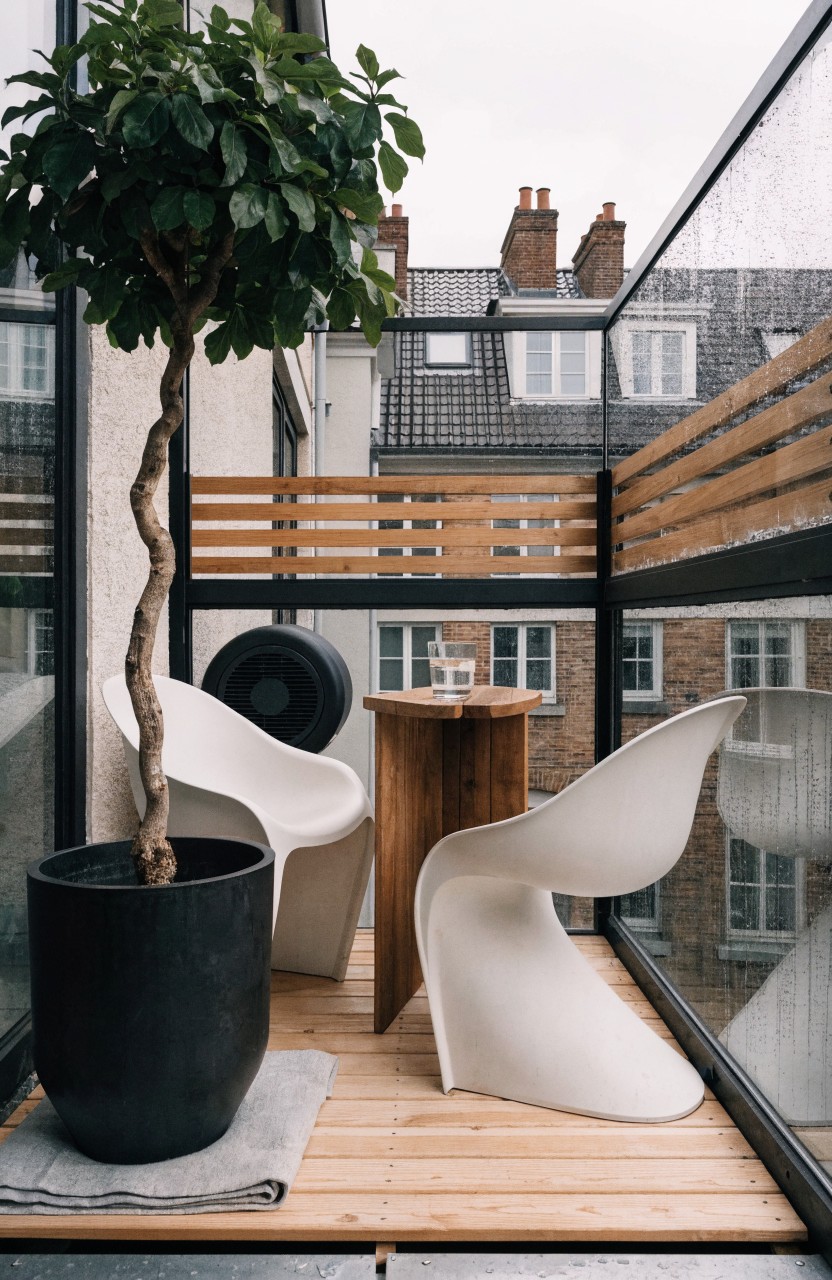 Apartment balcony featuring two white curved chairs around a wooden table, a large potted tree in a black pot, wooden decking and balustrade, glass railing, and neighboring brick buildings on a rainy day.