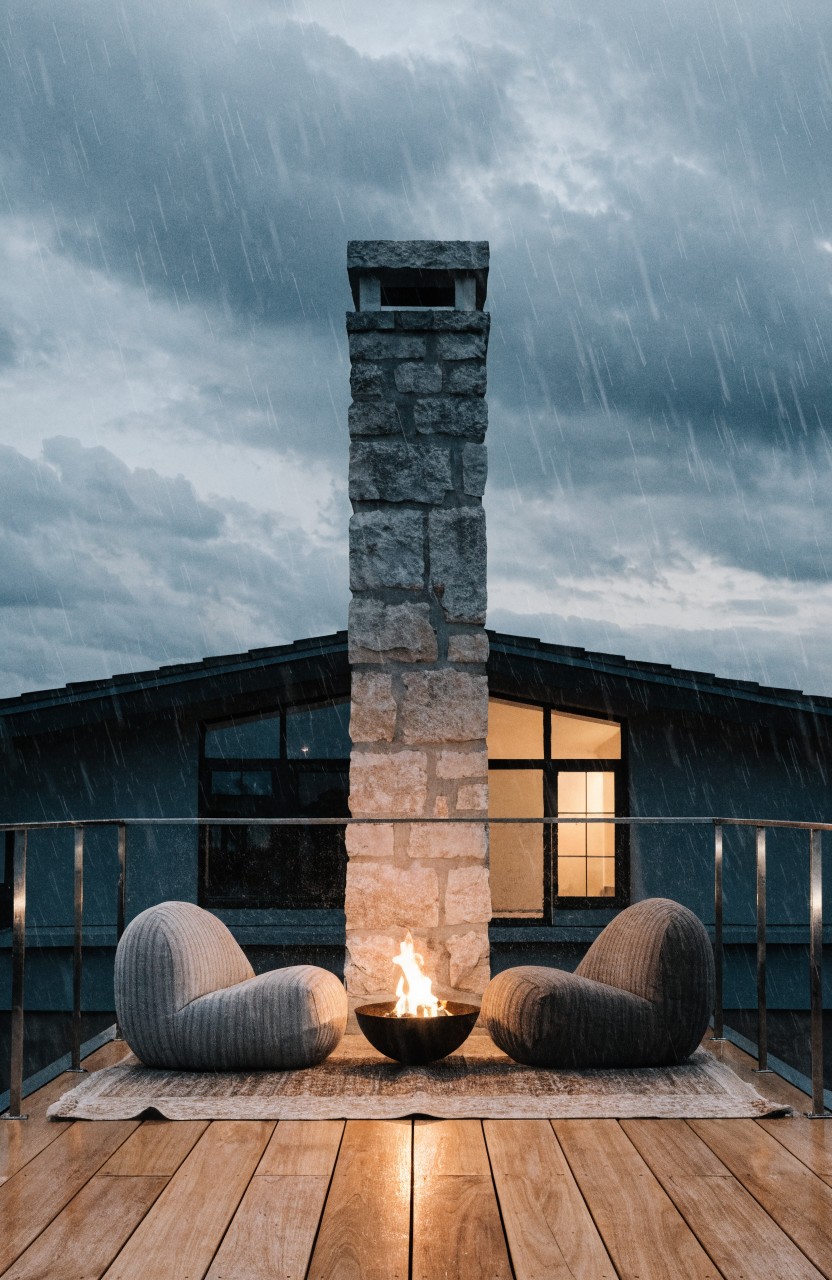Rooftop balcony deck with wooden flooring, lit fire pit between two gray lounge chairs on a rug, stone chimney rising from house structure behind, glass railing, large windows, and rainy sky above.