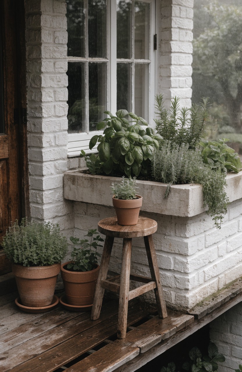 Balcony Herbs in Simple Pots