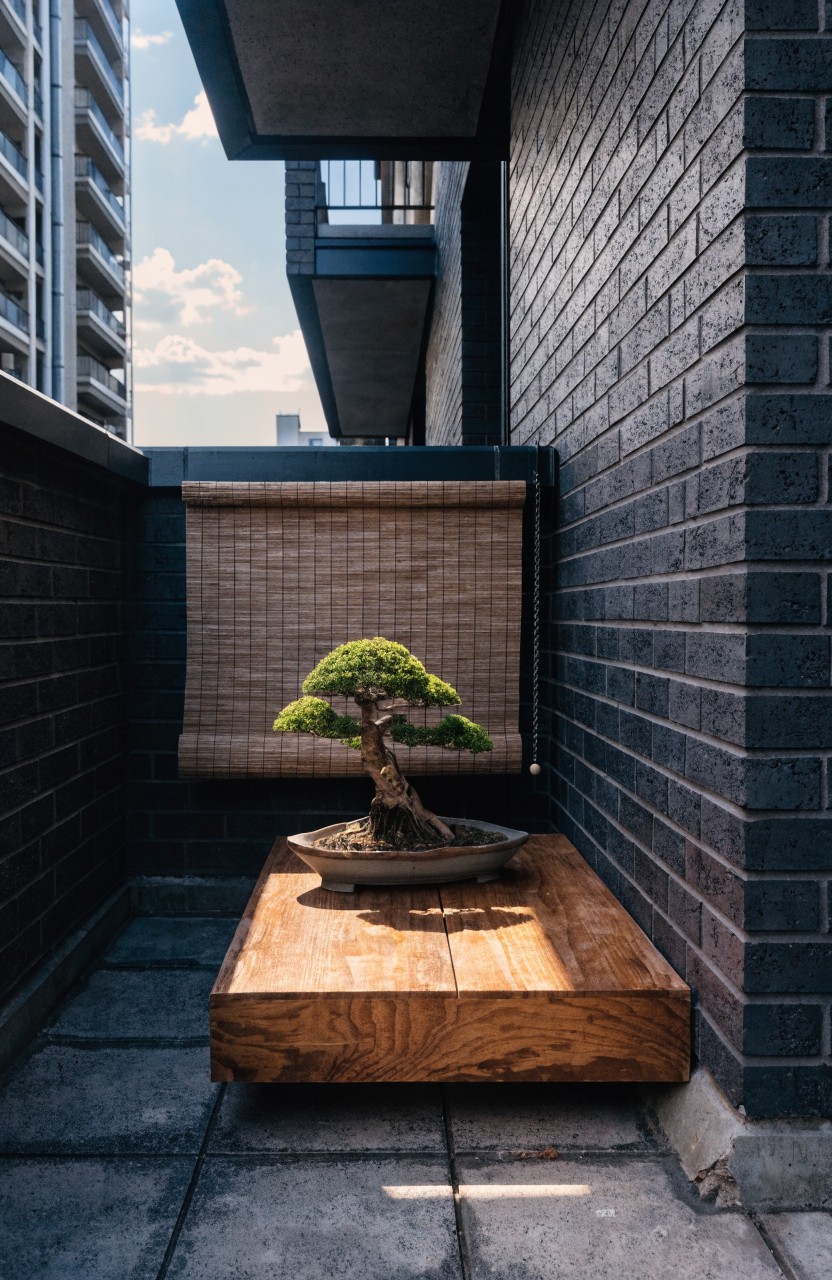 A potted bonsai tree sits on a low rectangular wooden platform on a dark brick balcony with bamboo blinds nearby and tall buildings in the background.