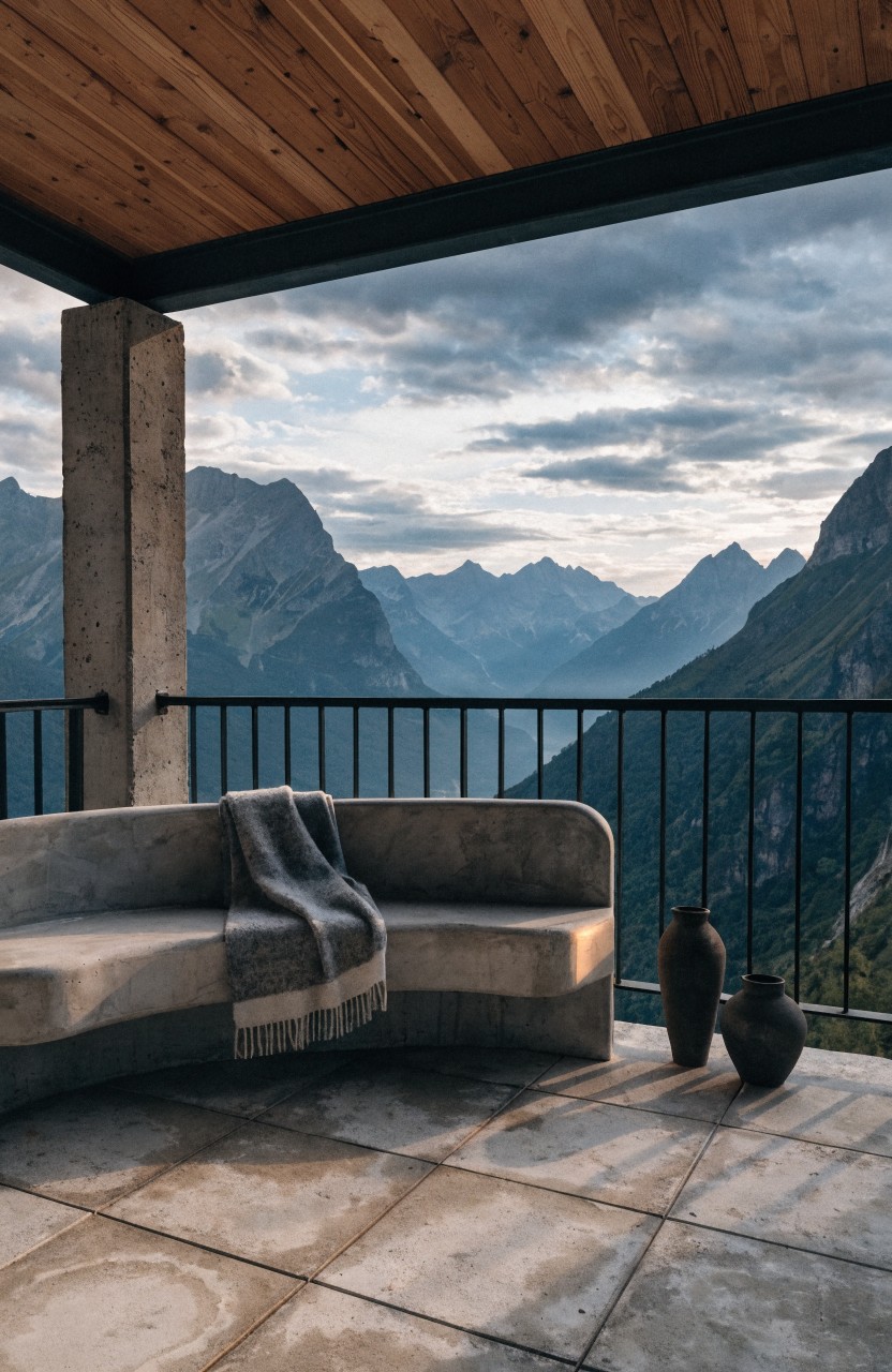Curved gray concrete bench with gray blanket on a minimalist balcony, flanked by two black vases, under wooden ceiling with metal posts, glass railing, and distant mountain view.
